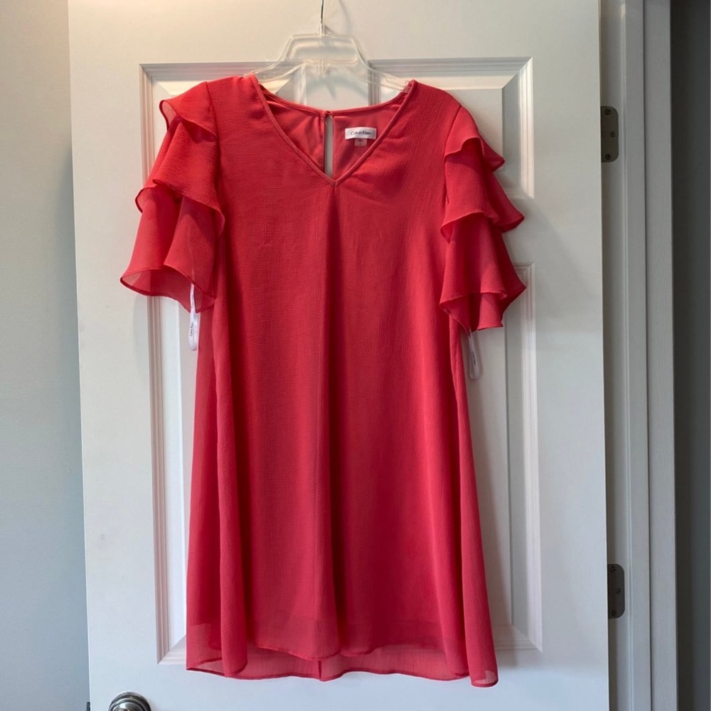 Calvin Klein Chic Ruffled Sleeve Dress in Vibrant Coral